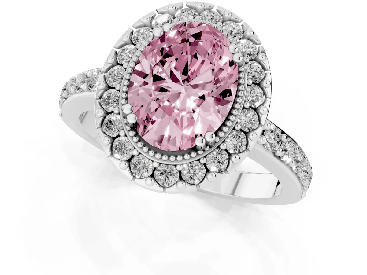 Fancy Pink Oval Cut Diamond Halo Ring with Pavé Band and Prong Setting Silver
