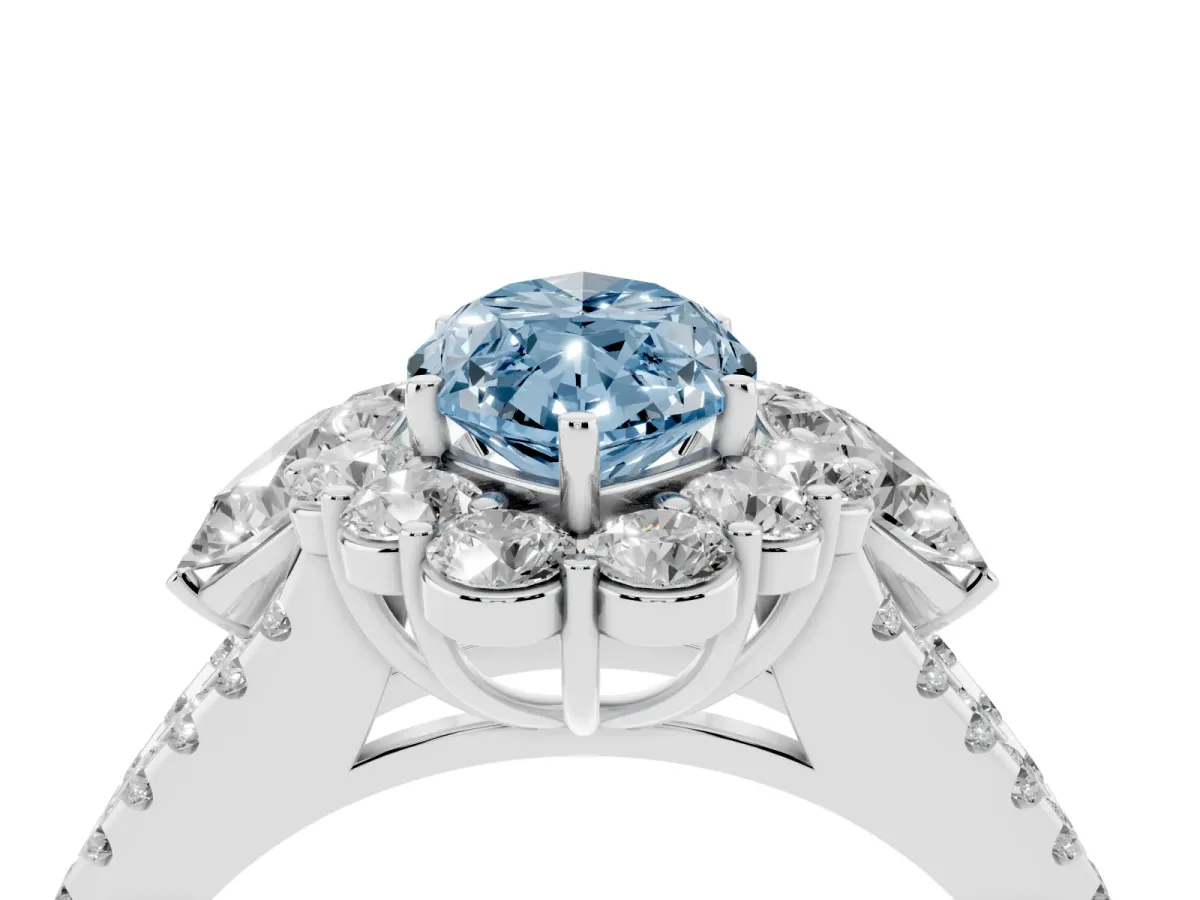 Fancy Blue Marquise Cut Halo Split Shank Diamond Engagement Ring with Prong Setting Silver