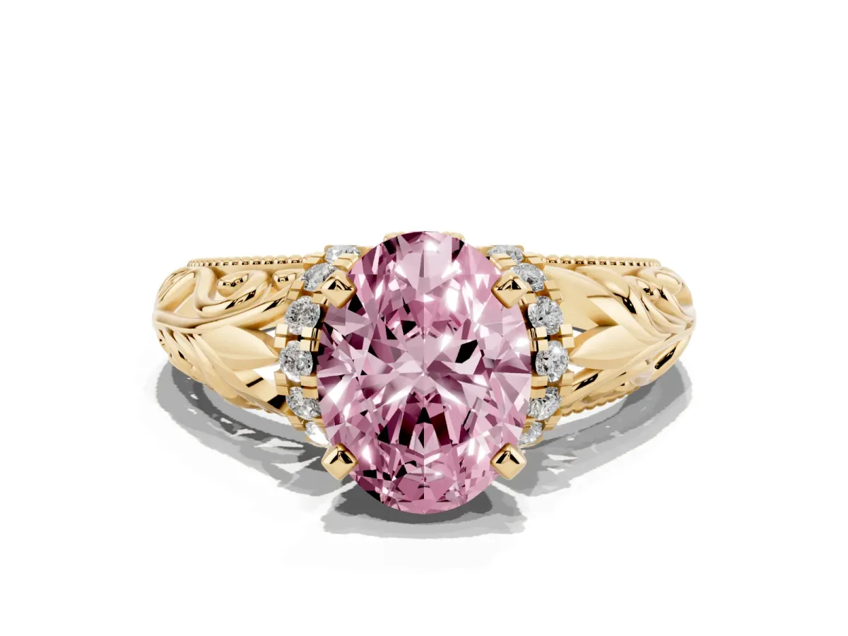 Fancy Pink Oval Cut Solitaire Filigree Engagement Ring with Halo and Prong Setting Yellow gold