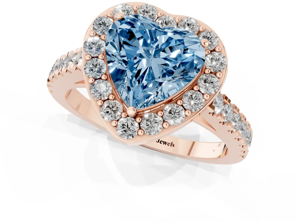 Fancy Blue Heart Cut Diamond Halo Ring with Round Pavé Split Shank and Prong Setting Rose gold
