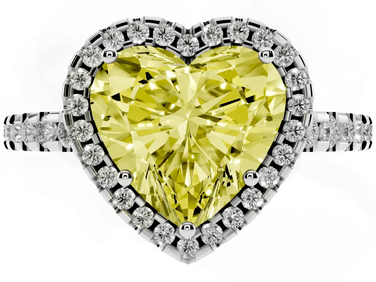 Fancy Yellow Heart Cut Diamond Halo Engagement Ring with Pavé Band and Prong Setting White gold