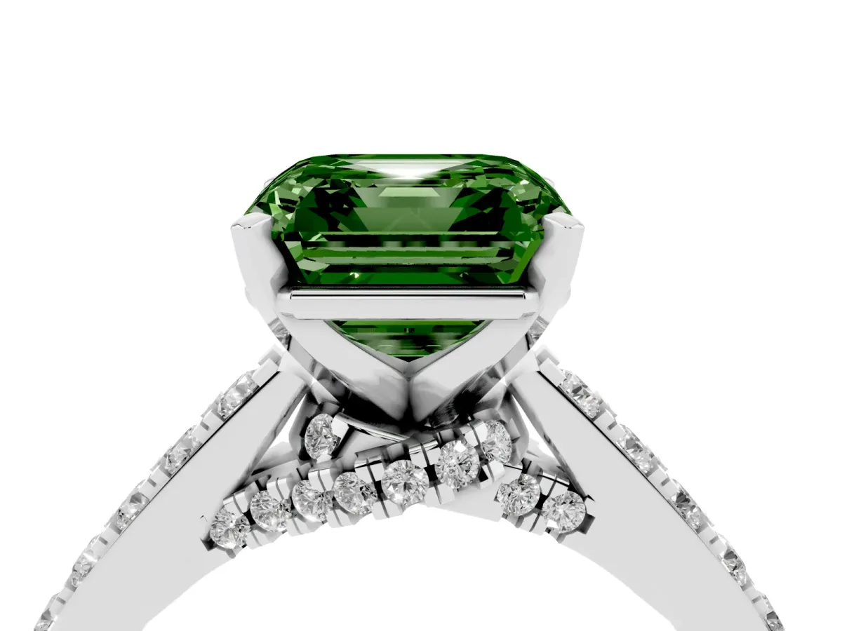 Fancy Green Asscher Cut Diamond Solitaire Ring with Crossover Gallery and Round Pavé Band White gold
