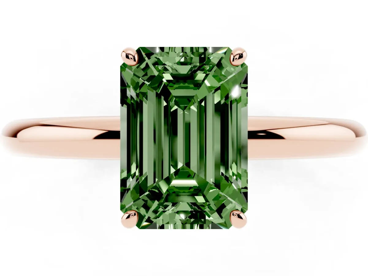 Fancy Green Emerald Cut Solitaire Diamond Ring with Four-Prong Setting on a Plain Band Rose gold
