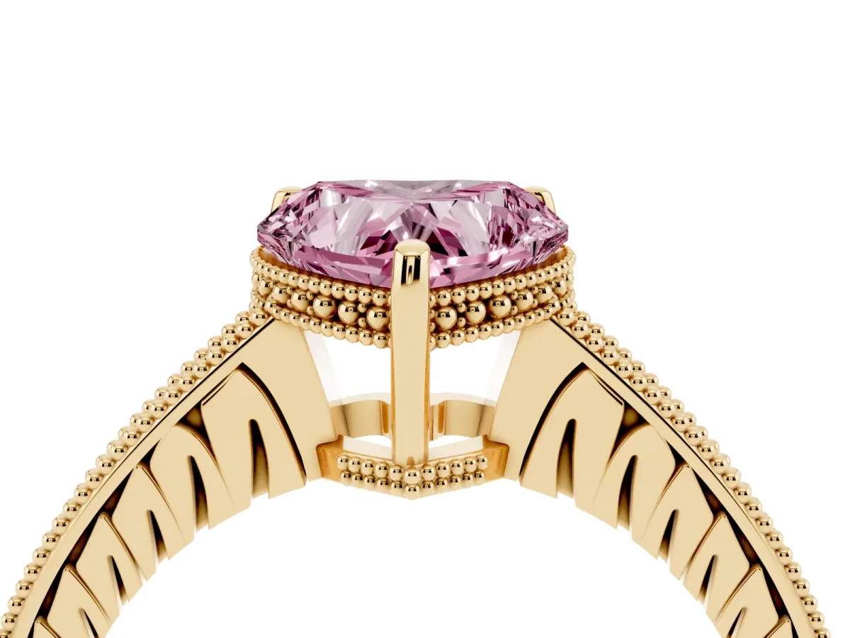 Fancy Pink Heart Cut Solitaire Pavé Diamond Milgrain Engagement Ring with Four-Prong Setting Yellow gold