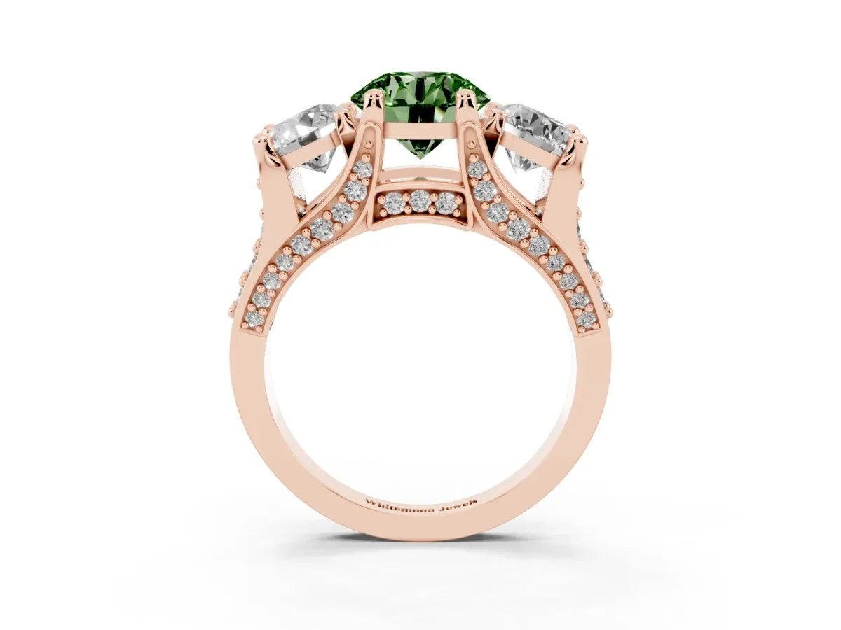 Fancy Green Round Cut Diamond Three-Stone Ring with Channel Set Band and Four-Prong Setting Rose gold