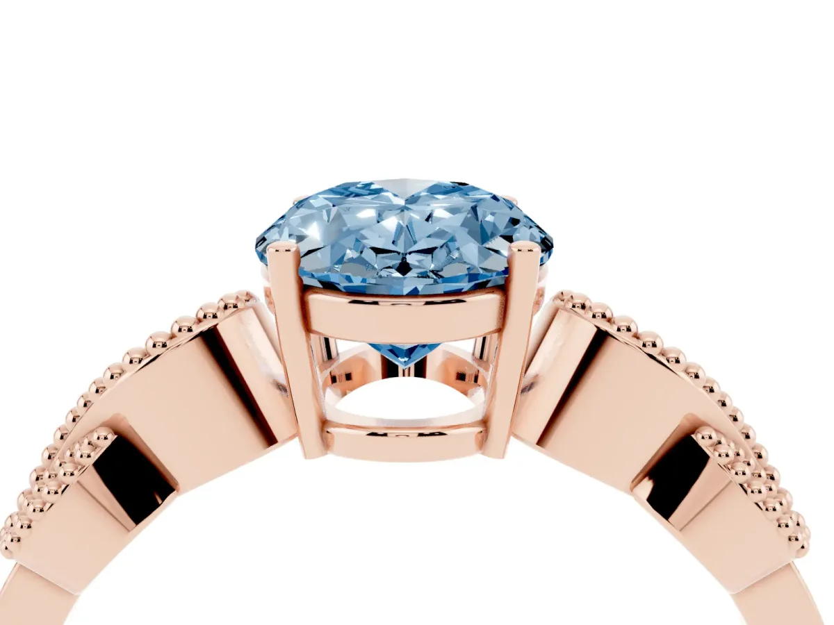 Fancy Blue Oval Cut Solitaire Milgrain Leaf Band with Prong Setting Rose gold