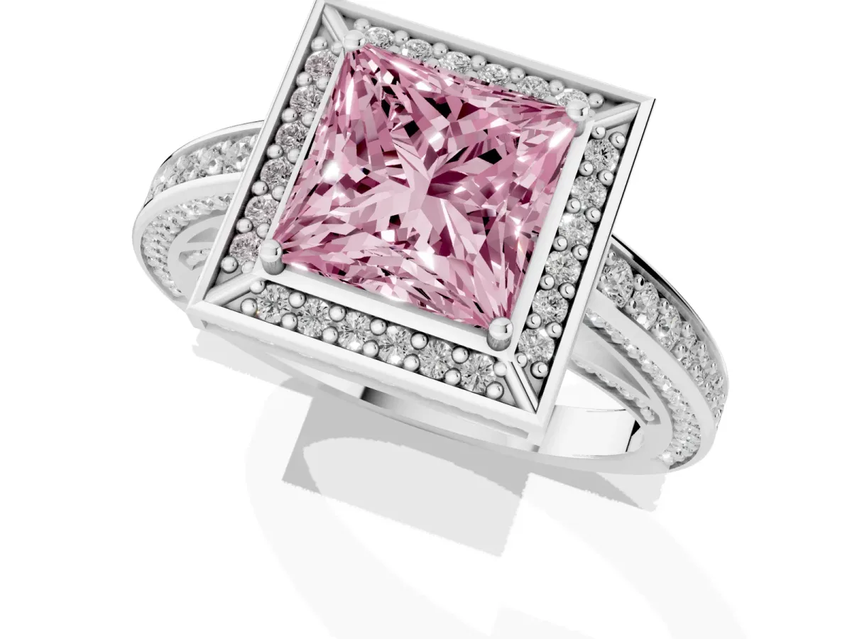 Fancy Pink Princess Cut Cut Halo Pave Split Shank Prong Setting Ring Silver