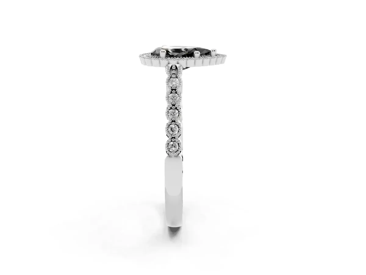 Fancy Black Pear Cut Cut Halo Pavé Solitaire Ring with Milgrain Band Platinum