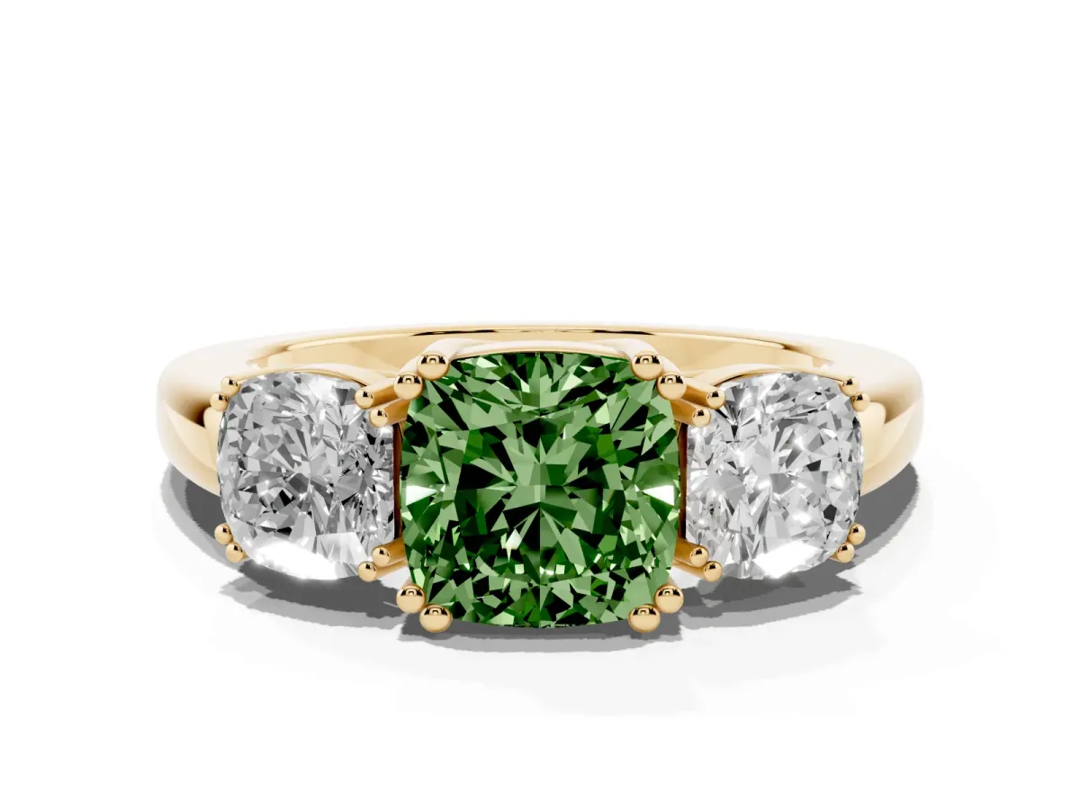 Fancy Green Three-Stone Cushion Cut Cut Diamond Ring with Channel Set Band and Four-Prong Setting Yellow gold