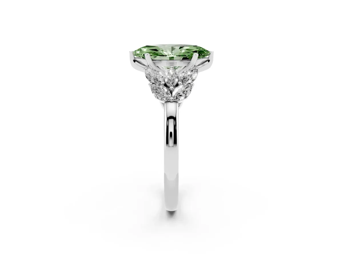 Fancy Green Marquise Cut Diamond Cluster Leaf Design Ring with Prong Setting Silver