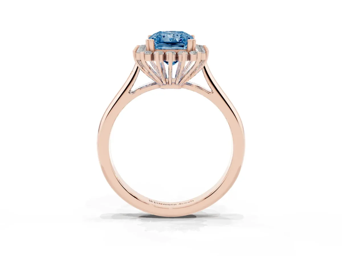 Fancy Blue Radiant Cut Cut Diamond Halo Ring with Solitaire Band and Prong Setting Rose gold