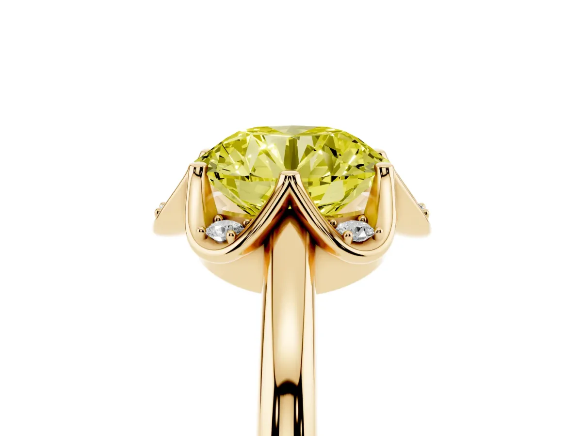 Fancy Yellow Round Cut Halo Diamond Ring with Round Cluster Setting, Solitaire Band, and Four-Prong Setting Yellow gold