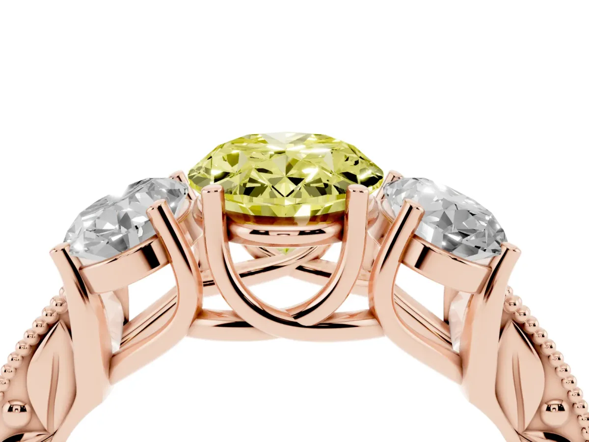 Fancy Yellow Three-Stone Oval Cut Cut Milgrain Pavé Engagement Ring Rose gold