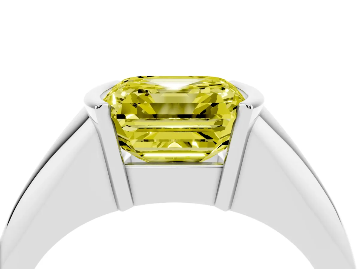 Fancy Yellow Asscher Cut Solitaire Tension Set Diamond Ring Silver