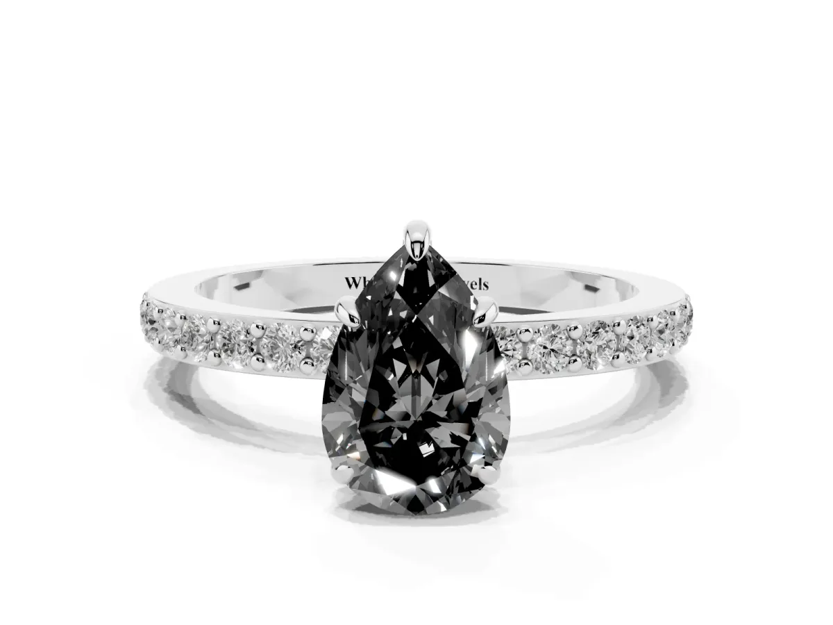Fancy Black Pear Cut Diamond Pavé Engagement Ring with Round Accents and Prong Setting Silver