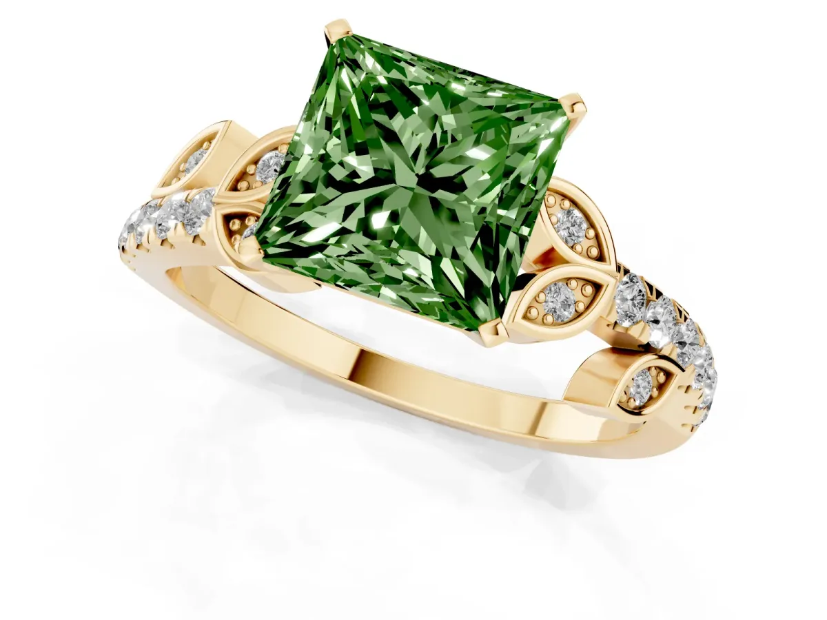 Fancy Green Princess Cut Solitaire Leaf-Inspired Diamond Ring with Pavé Band and Four-Prong Setting Yellow gold