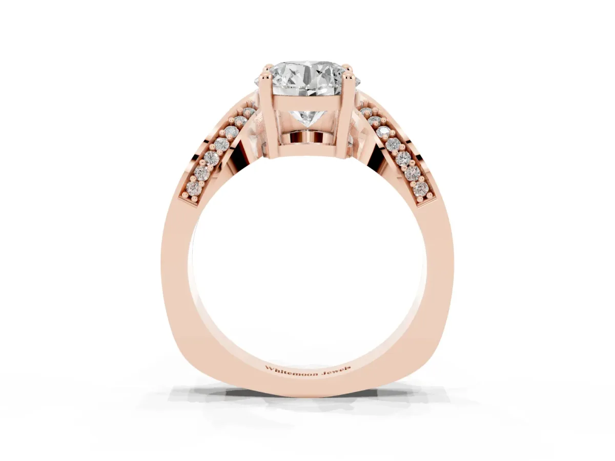 Round Cut Solitaire Diamond Engagement Ring with Pave Band and Four-Prong Setting Rose gold