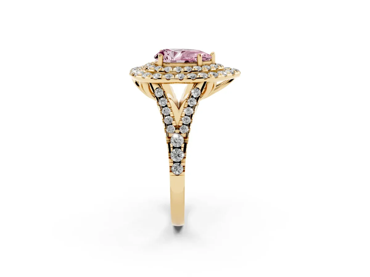 Fancy Pink Double Halo Pear Cut Diamond Pavé Split Shank Ring with Prong Setting Yellow gold