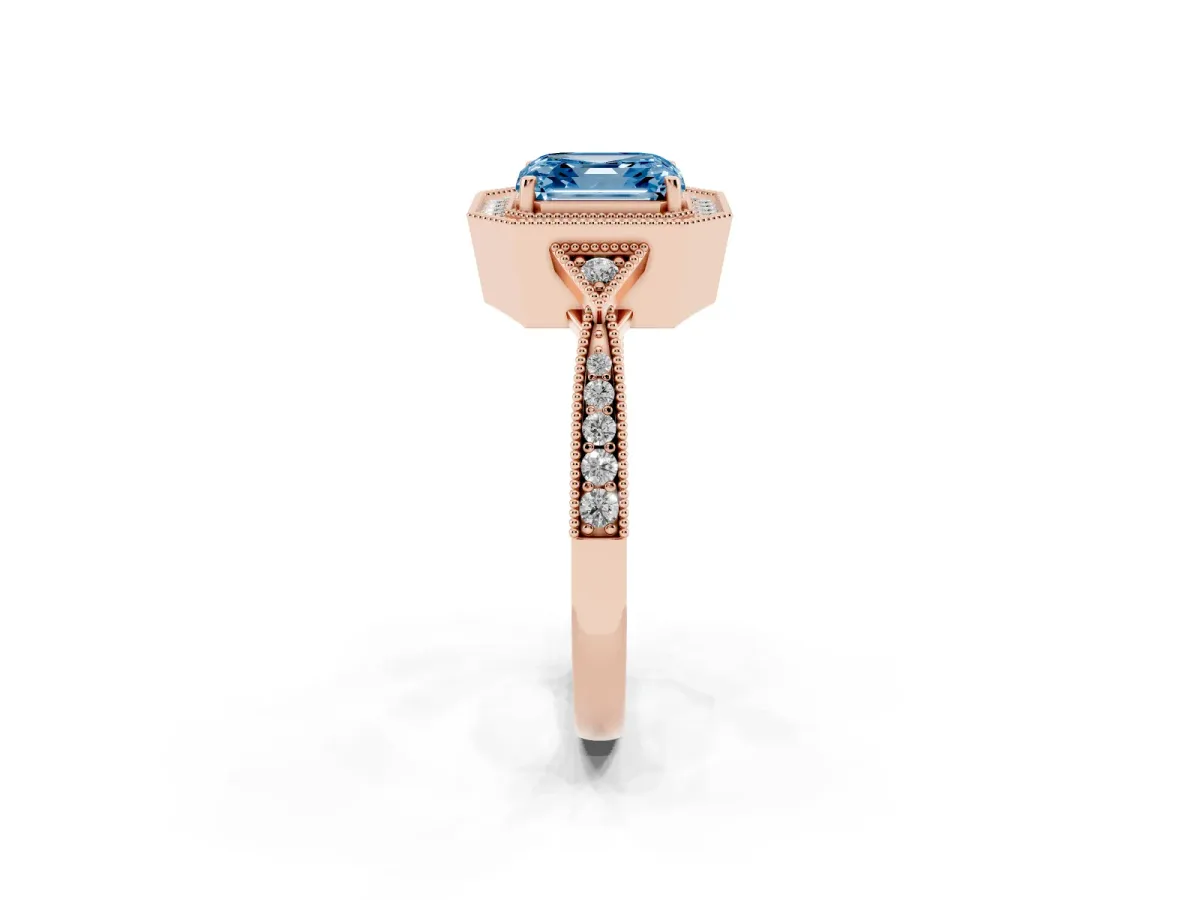 Fancy Blue Asscher Cut Halo Round Diamond Milgrain Pave Engagement Ring Rose gold