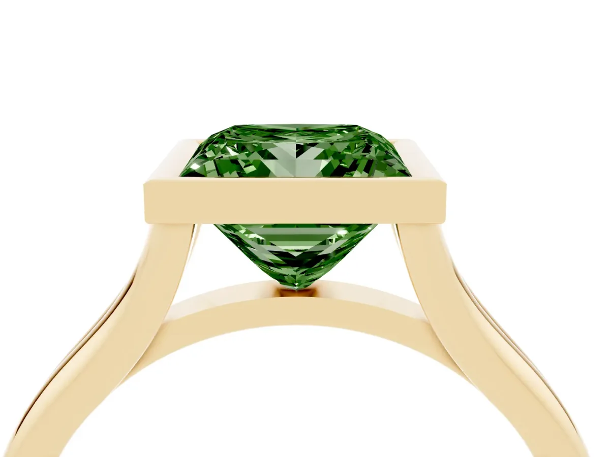 Fancy Green Bezel Set Princess Cut Cut Solitaire Ring with Tapered Band Yellow gold