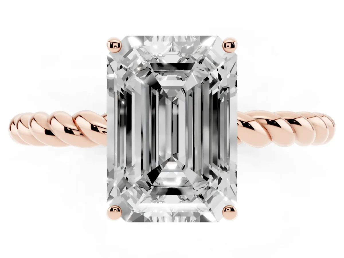 Emerald Cut Solitaire Twisted Band 4-Prong Ring Rose gold