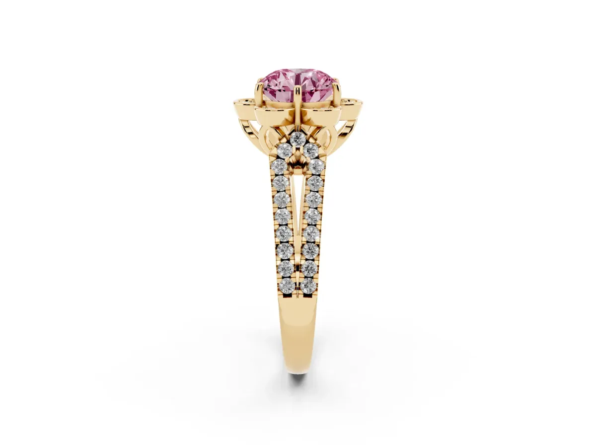 Fancy Pink Round Cut Halo Diamond Floral Split Shank Engagement Ring Yellow gold