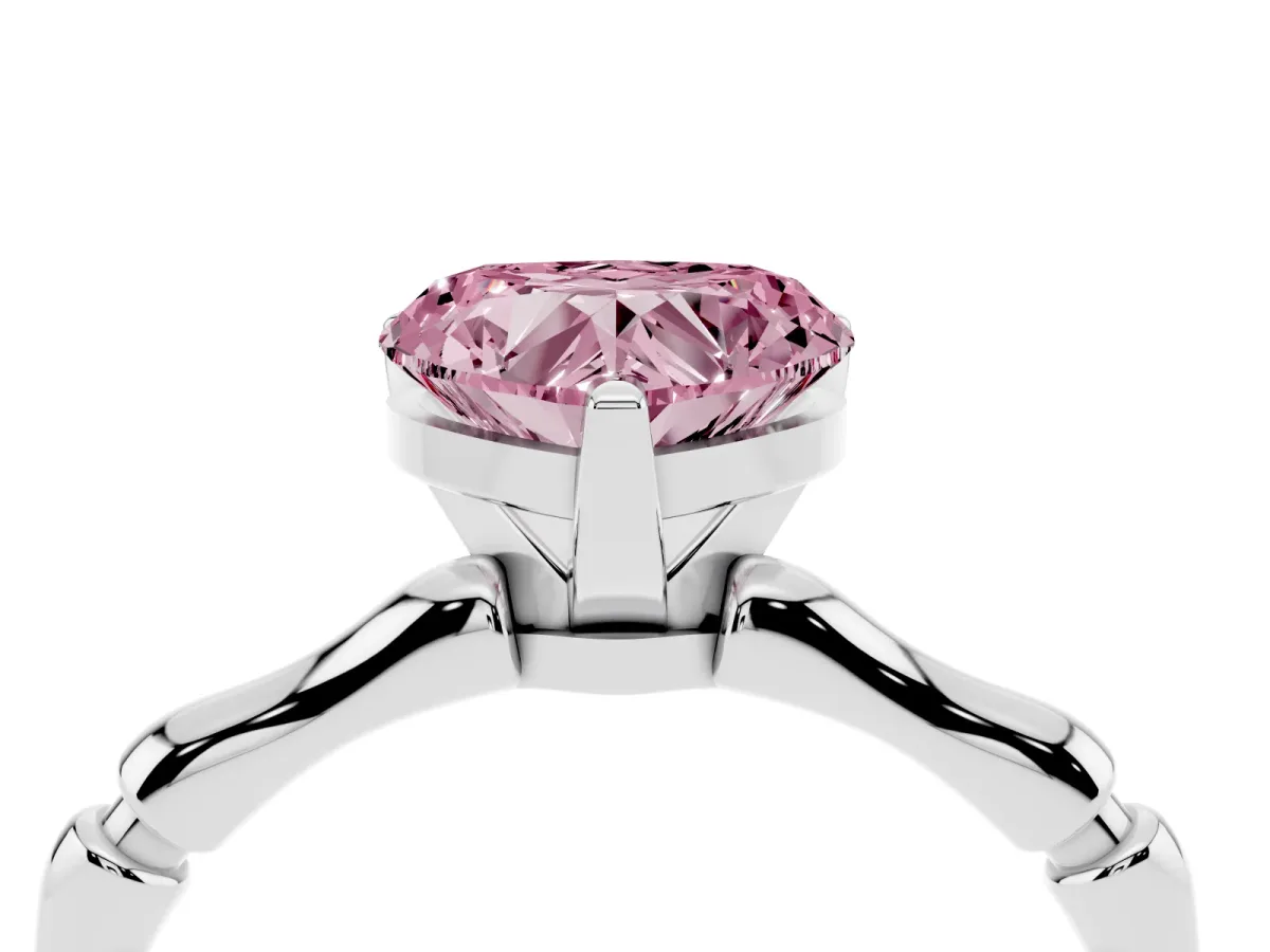 Fancy Pink Heart Cut Solitaire Diamond Ring with Bamboo Band and Four-Prong Setting Silver