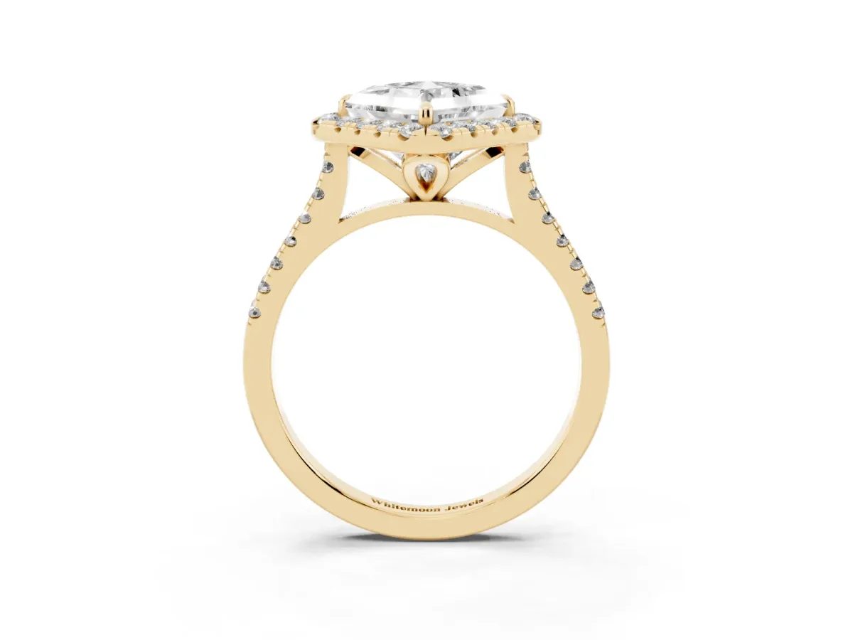 Princess Cut Diamond Cushion Halo Ring with Pavé Band Yellow gold