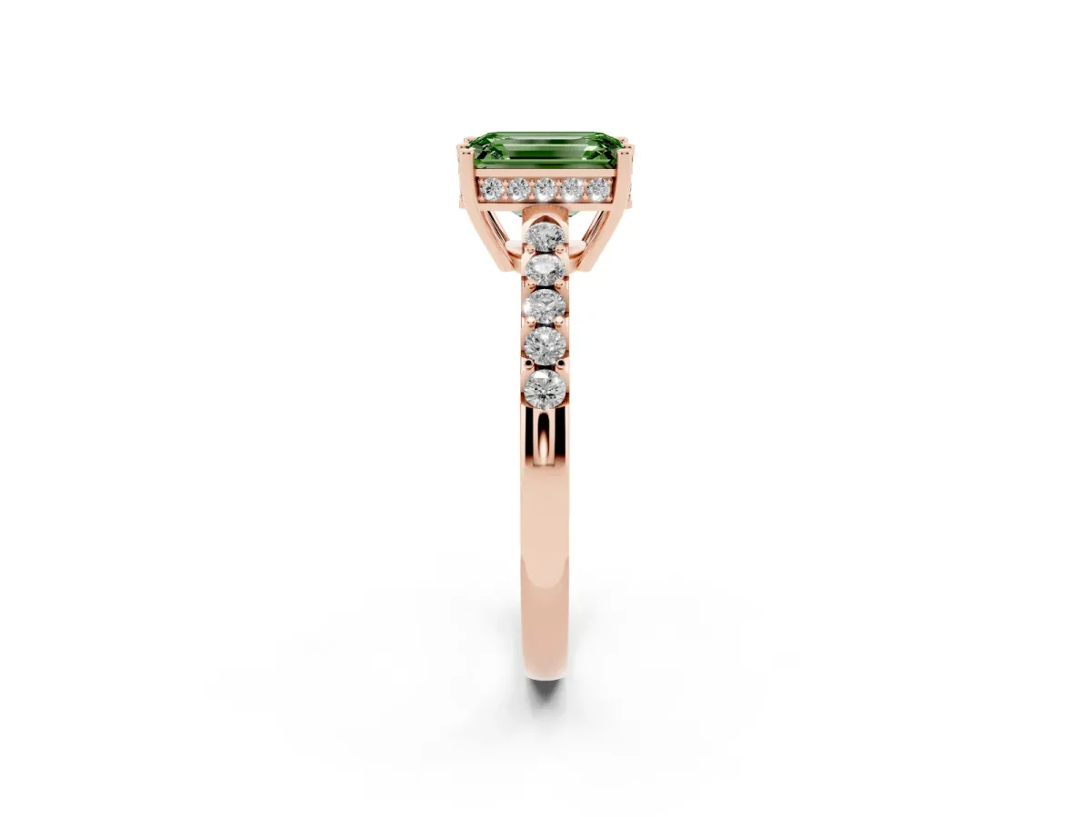 Fancy Green Emerald Cut Solitaire Diamond Engagement Ring with Pavé Band and Six-Prong Setting Rose gold