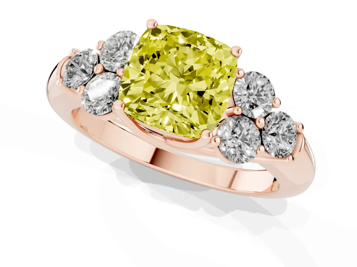 Fancy Yellow Cushion Cut Cut Diamond Cluster Ring with Round Accent Stones and Prong Setting on a Classic Band Rose gold