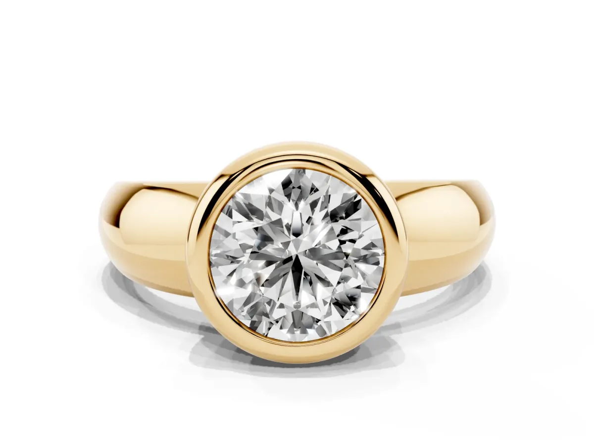 Bezel Set Round Cut Solitaire Ring with Wide Band Yellow gold