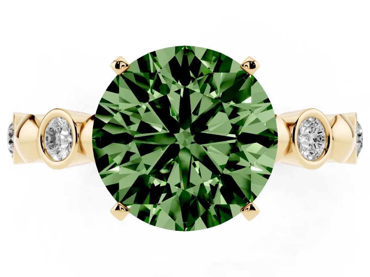 Fancy Green Round Cut Solitaire Bezel-Set Diamond Ring with Beaded Band and Four-Prong Setting Yellow gold