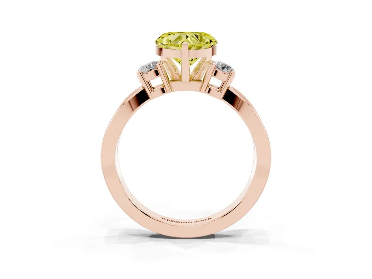 Fancy Yellow Three-Stone Heart Cut Cut Diamond Twist Band with Prong Setting Rose gold