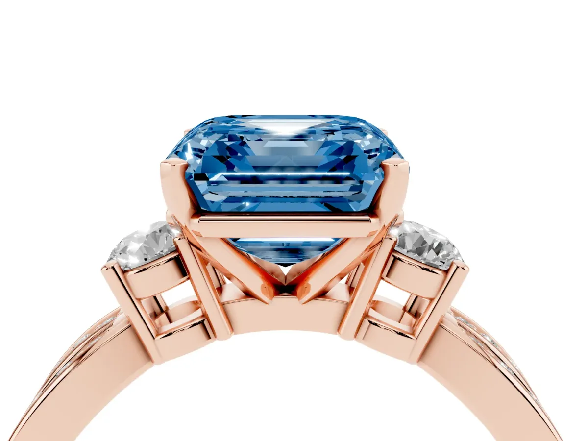 Fancy Blue Three-Stone Asscher Cut Cut Diamond Twist Band with Prong Setting Rose gold