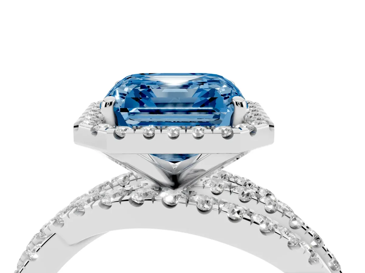 Fancy Blue Asscher Cut Diamond Halo Ring with Round Split Shank and Prong Setting Silver