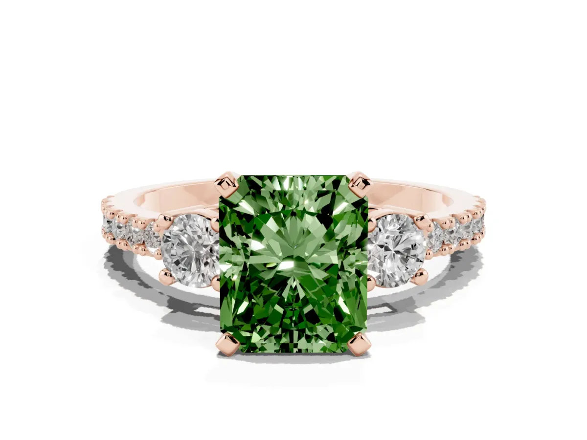 Fancy Green Radiant Cut Three-Stone Diamond Pavé Band with Prong Setting Rose gold