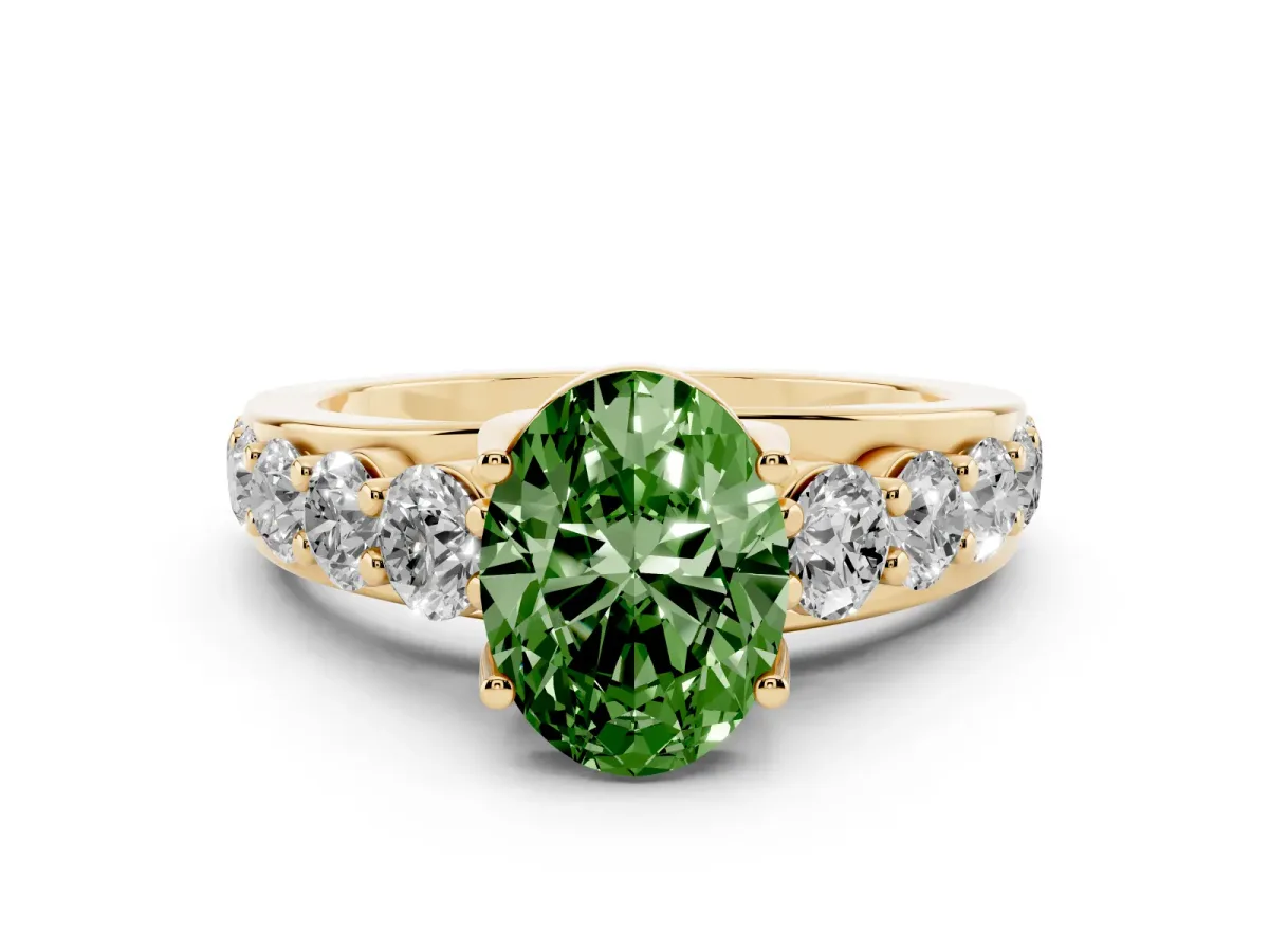 Fancy Green Oval Cut Diamond Engagement Ring with Pavé Band and Four-Prong Setting Yellow gold