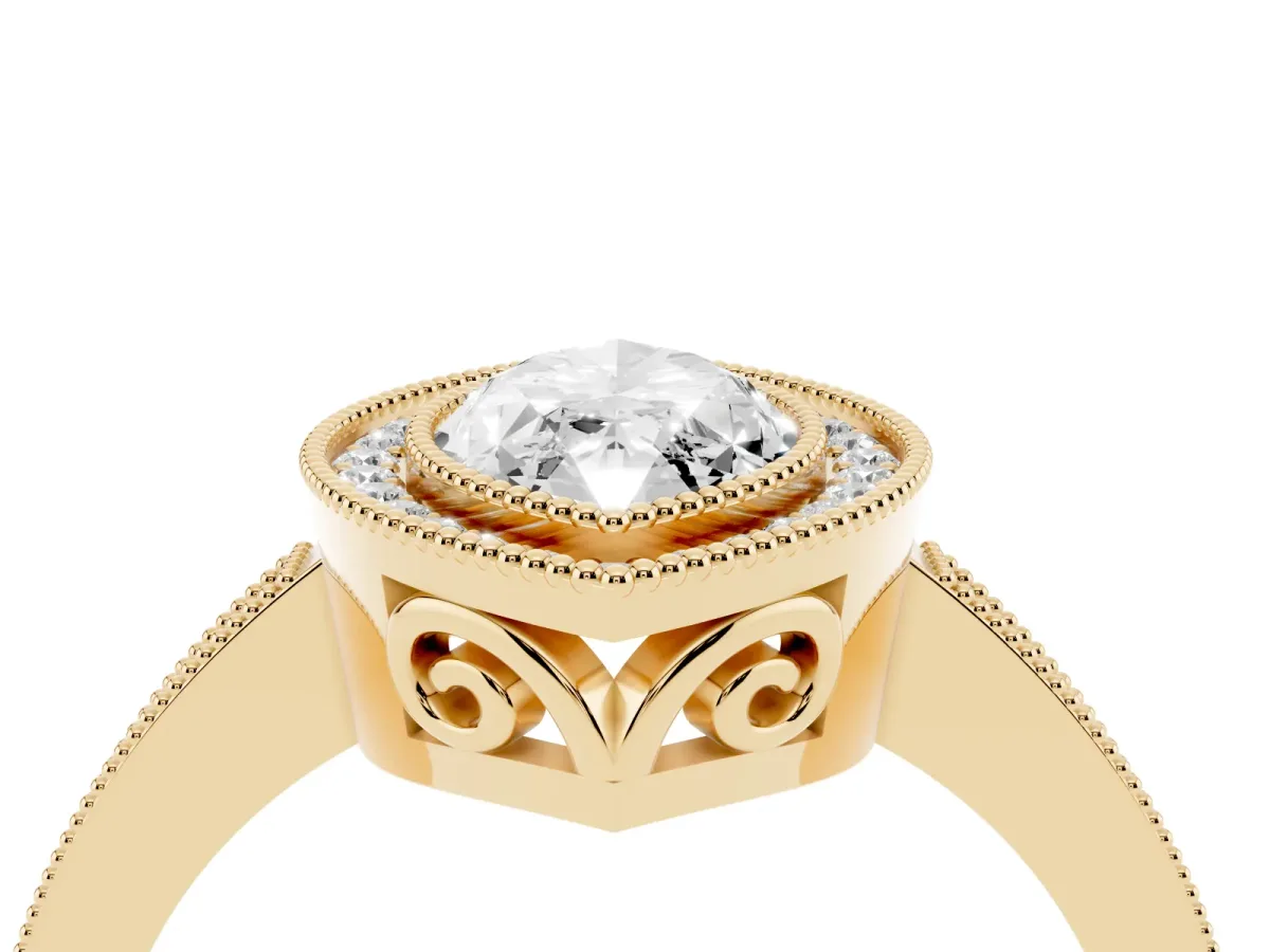 Marquise Cut Cut Halo Diamond Ring with Pavé Band and Milgrain Prong Setting Yellow gold