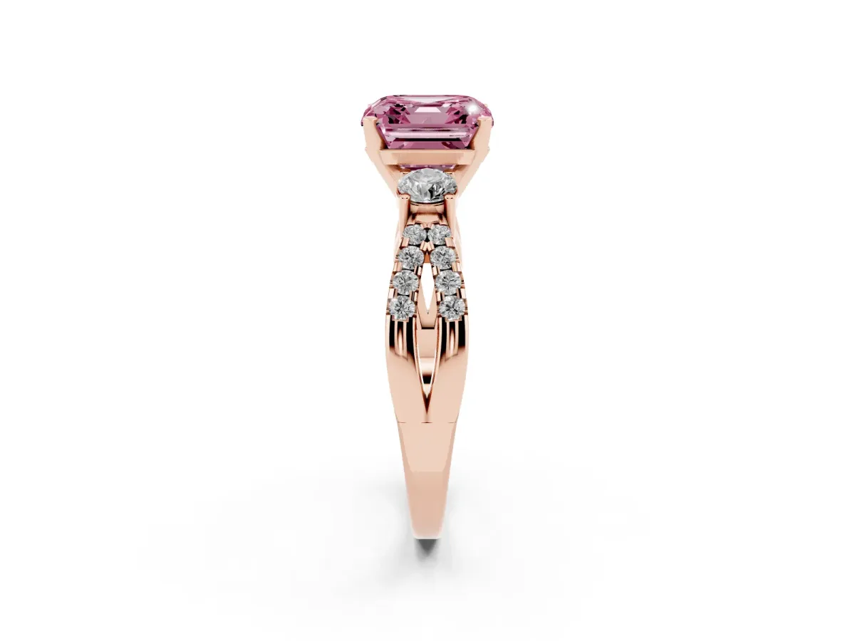 Fancy Pink Asscher Cut Diamond Three-Stone Ring with Pavé Split Shank and Four-Prong Setting Rose gold