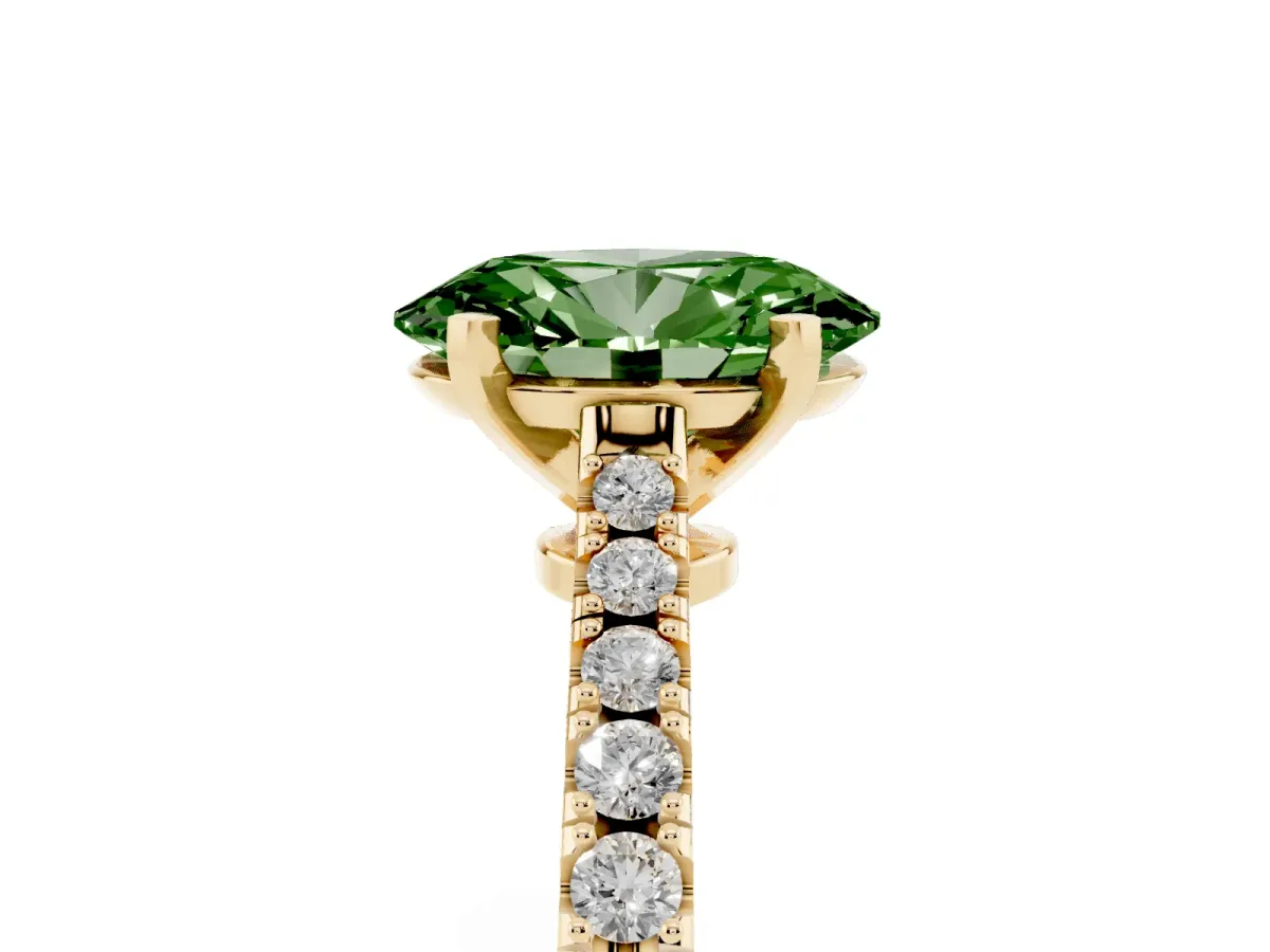 Fancy Green Oval Cut Cut Solitaire Diamond Engagement Ring with Pave Band and Four-Prong Setting Yellow gold