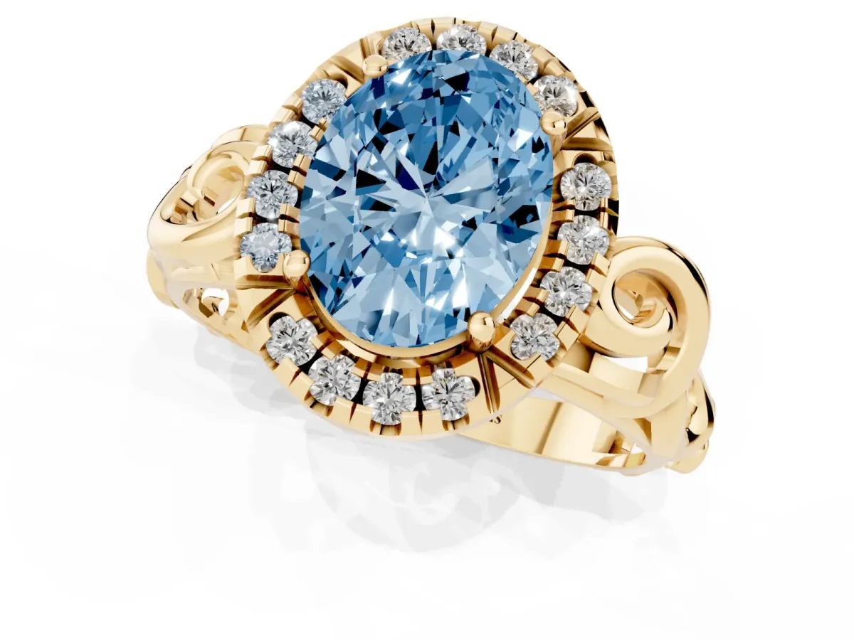 Fancy Blue Oval Cut Cut Halo Diamond Ring with Scrollwork Band and Four-Prong Setting Yellow gold