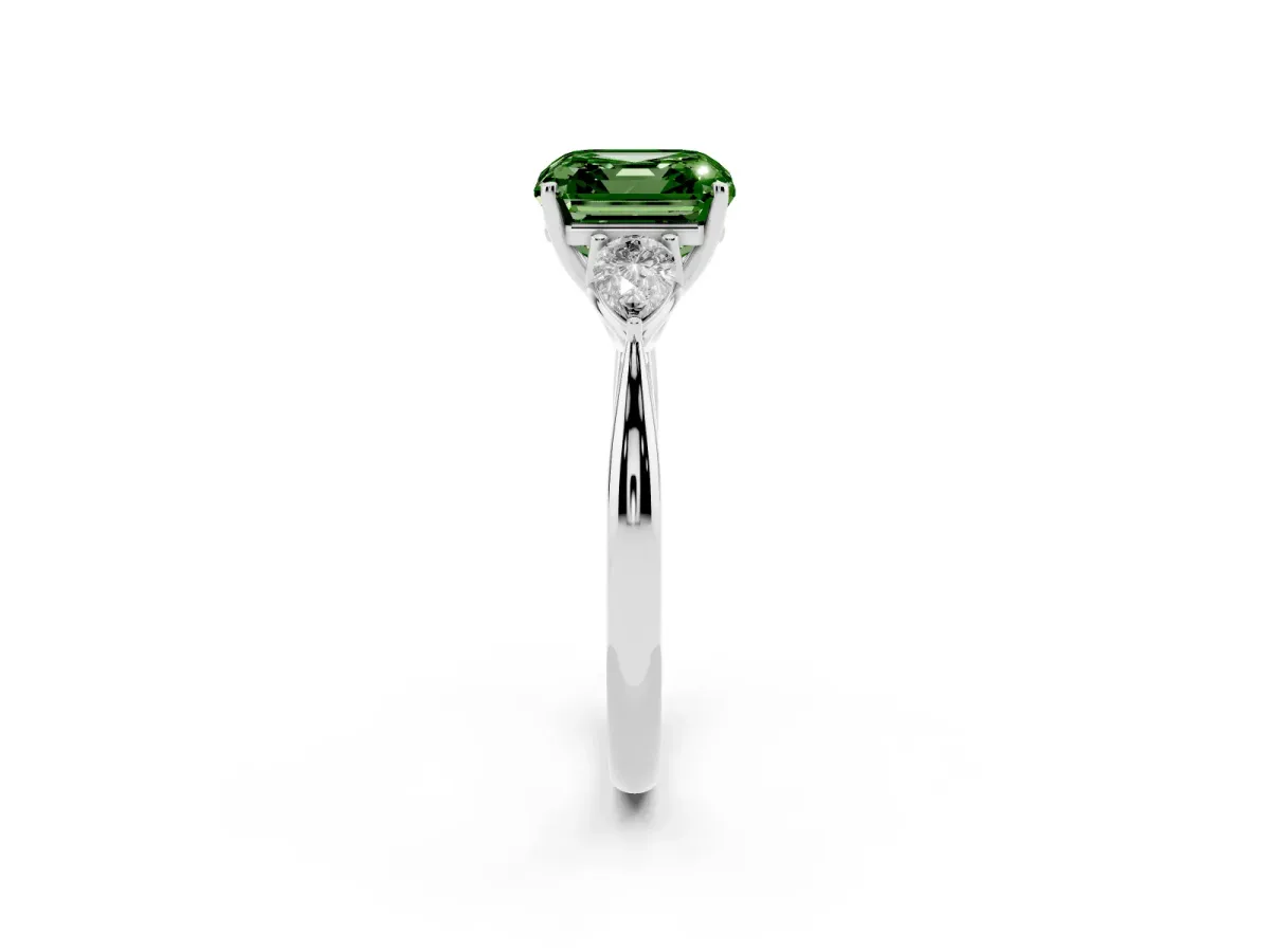 Fancy Green Asscher Cut Diamond Three-Stone Ring with Pear Side Stones and Prong Setting Silver