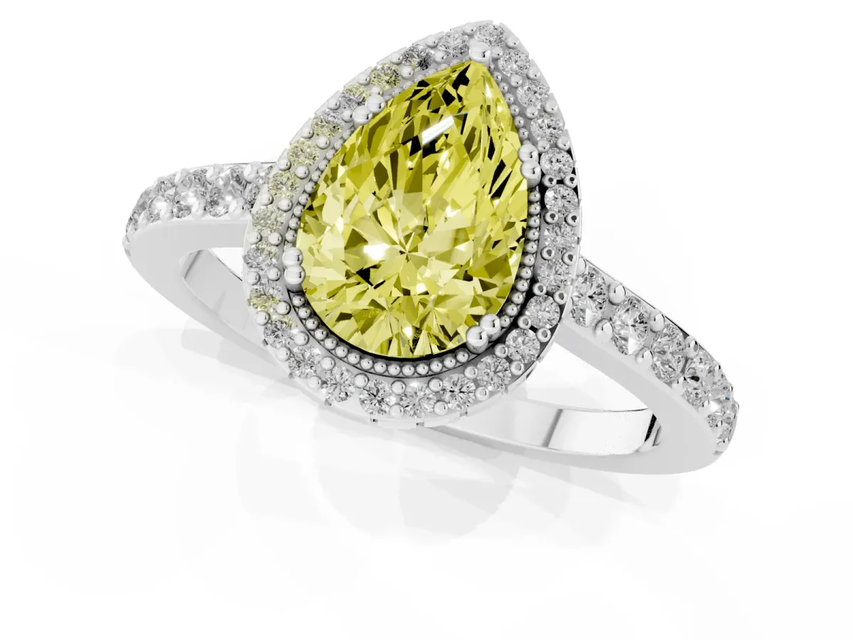 Fancy Yellow Pear Cut Cut Diamond Halo Engagement Ring with Milgrain Detail and Pavé Band Silver