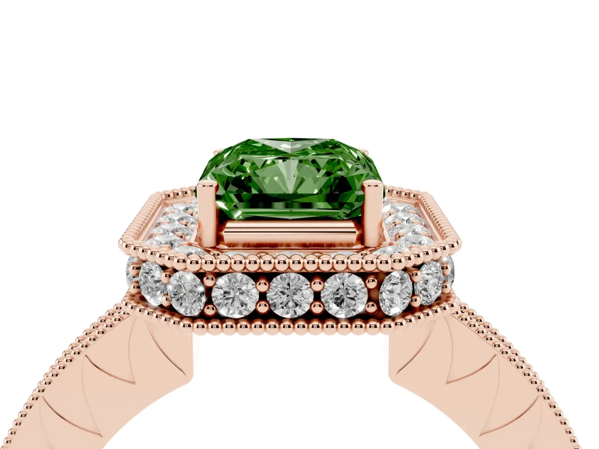 Fancy Green Radiant Cut Diamond Milgrain Halo Engagement Ring with Round Pavé Band and Prong Setting Rose gold