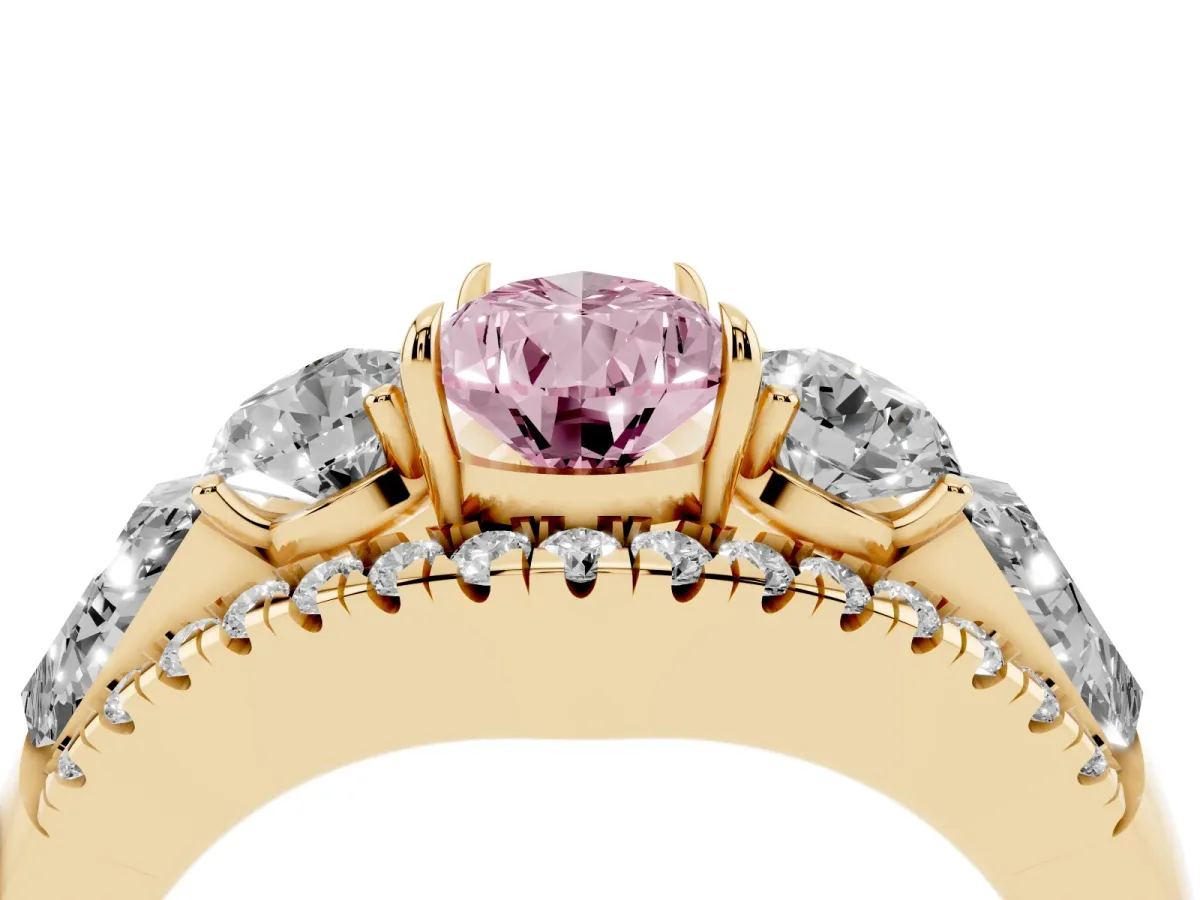 Fancy Pink Three-Stone Pear Cut Diamond Engagement Ring with Pave Band and Prong Setting Yellow gold