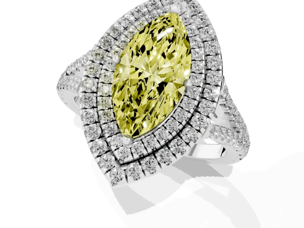 Fancy Yellow Marquise Cut Diamond Double Halo Ring with Pavé Band and Prong Setting Platinum