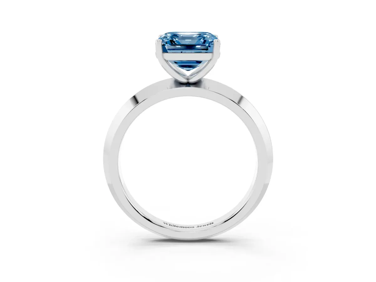Fancy Blue Asscher Cut Cut Solitaire Engagement Ring with Flat Band and Four-Prong Setting Silver