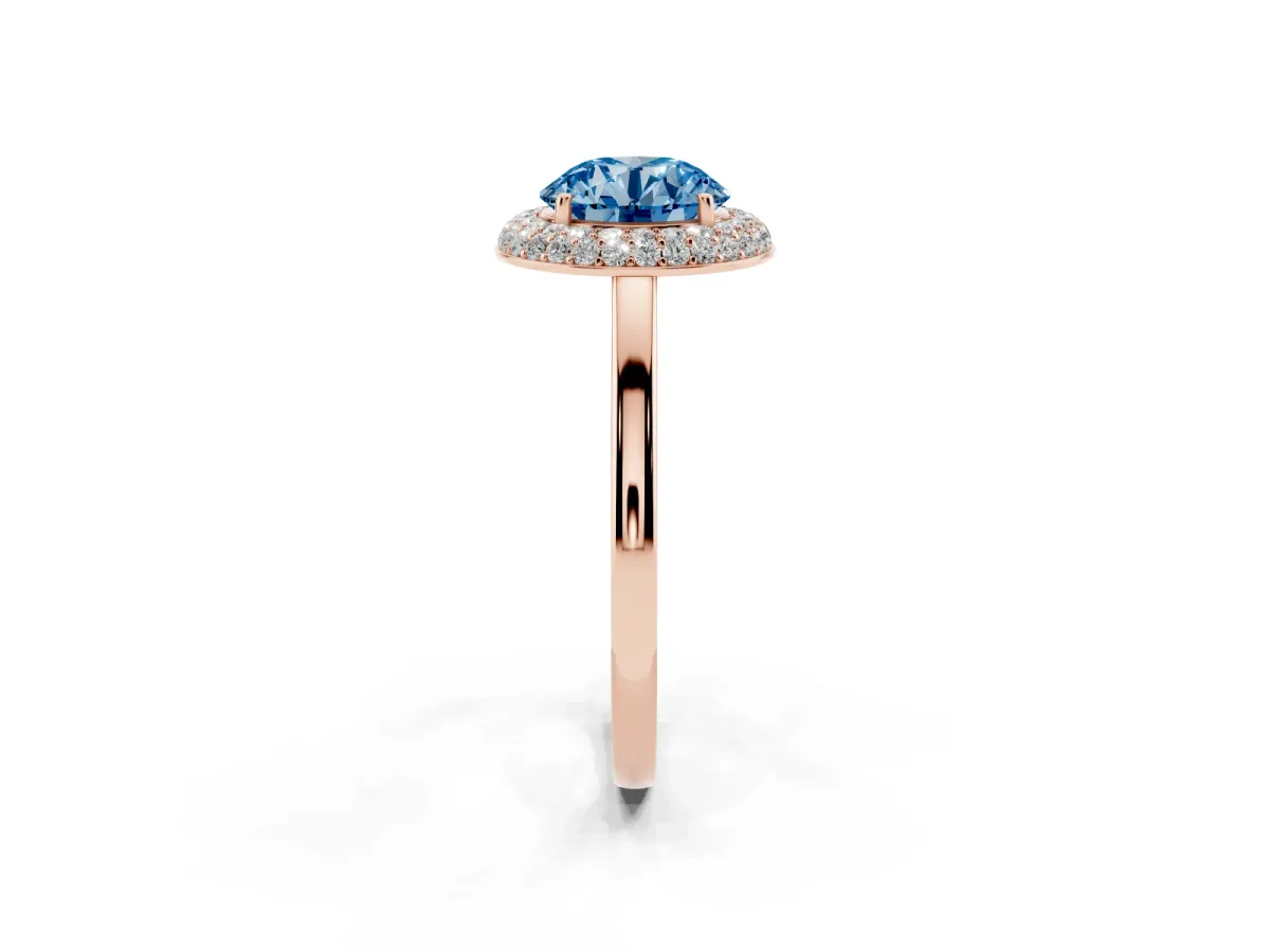 Fancy Blue Round Cut Halo Diamond Engagement Ring with Solitaire Band and Four-Prong Setting Rose gold