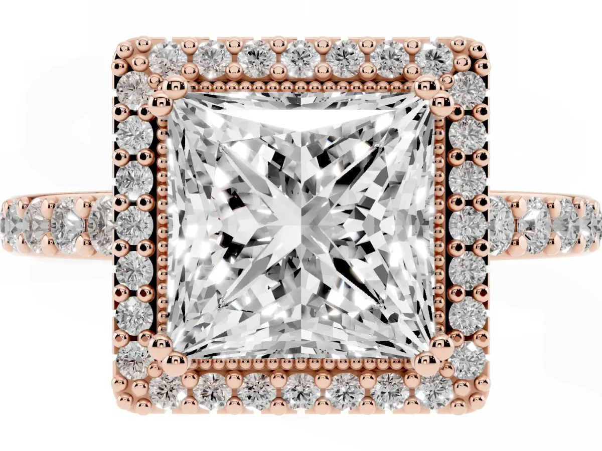 Princess Cut Cut Diamond Halo Engagement Ring with Milgrain Detail and Pavé Band Rose gold