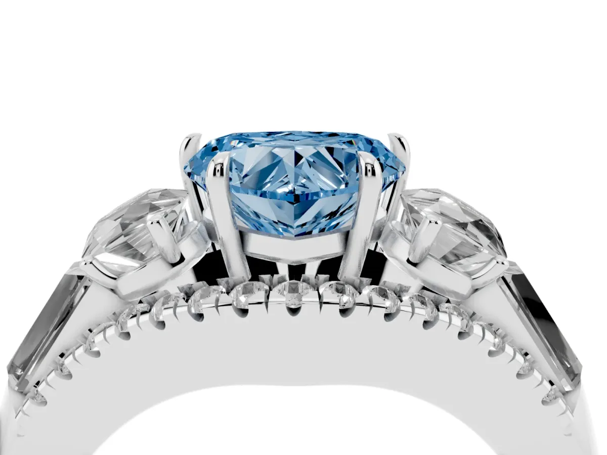 Fancy Blue Three-Stone Heart Cut Diamond Engagement Ring with Pave Band and Prong Setting Silver